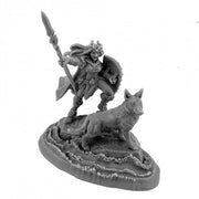 Kerrigan the River Warden - Gray miniature figurine of a warrior with a spear and shield standing beside a wolf on a textured oval base.