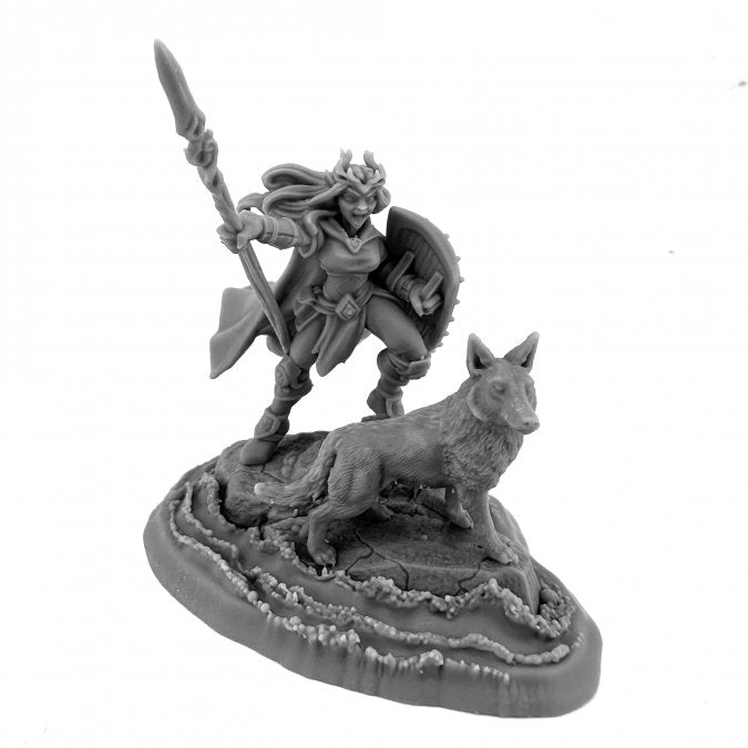 Kerrigan the River Warden - Gray miniature figurine of a warrior with a spear and shield standing beside a wolf on a textured oval base.