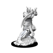 D&D Nolzur's Marvelous Minis: Efreeti - Unpainted gray resin miniature of muscular Efreeti wielding a large curved sword, standing on rocky base.