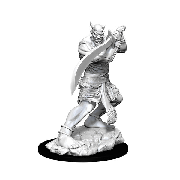 D&D Nolzur's Marvelous Minis: Efreeti - Unpainted gray resin miniature of muscular Efreeti wielding a large curved sword, standing on rocky base.