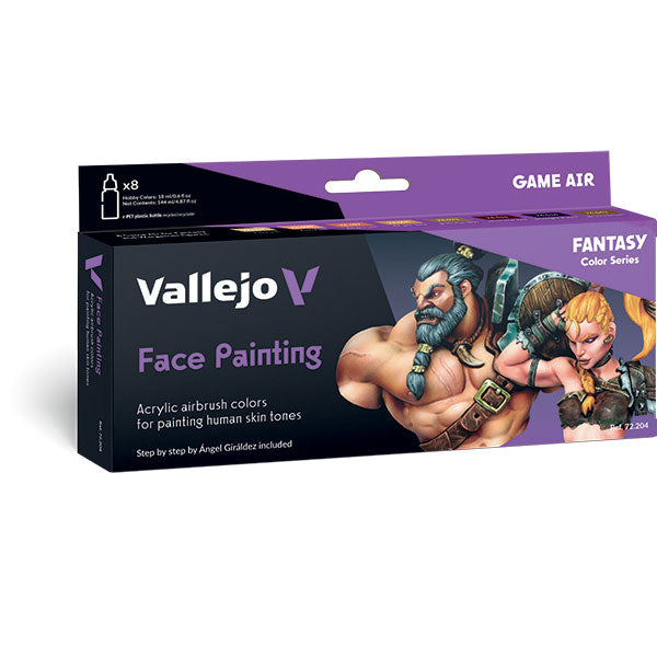Vallejo Game Air: Fantasy Color Set - Face Painting (PREORDER) - Rectangular box set of Vallejo Game Air Fantasy acrylic paints with colorful fantasy character artwork on front and.