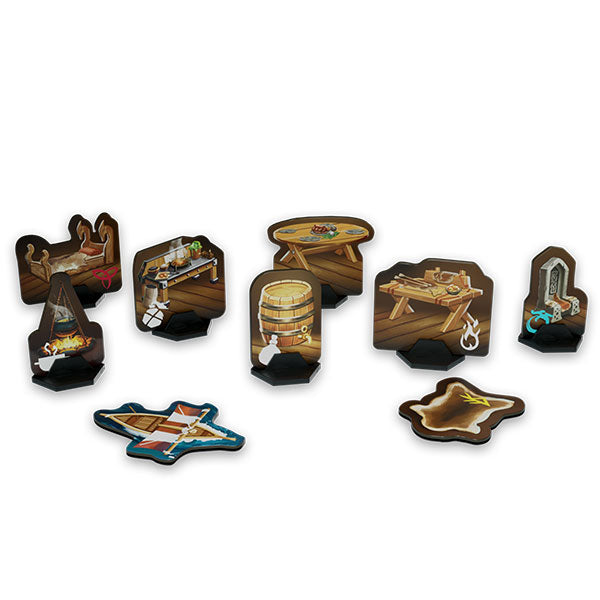 Valheim: Wooden Standee- Furniture Pack - Set of eight Valheim wooden standee furniture pieces featuring detailed illustrations of rustic items like barrels, a.