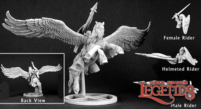 Barros and Tempest, Paladin on Pegasus - Detailed fantasy miniature of a female knight Paladin riding a Pegasus with outstretched wings, wielding a lance and shield, .