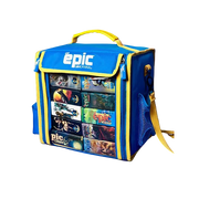 Tiny Epic: Game Haul Carrier (PREORDER) - Blue and yellow fabric game carrier bag with clear front pocket displaying board game boxes, yellow handle and adjustable.
