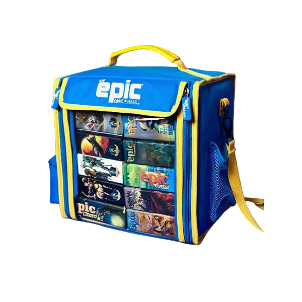 Tiny Epic: Game Haul Carrier (PREORDER) - Blue and yellow fabric game carrier bag with clear front pocket displaying board game boxes, yellow handle and adjustable.