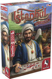 Istanbul: The Dice Game - The Dice Game box featuring an illustrated man in traditional Middle Eastern attire holding red and white dice, with a.