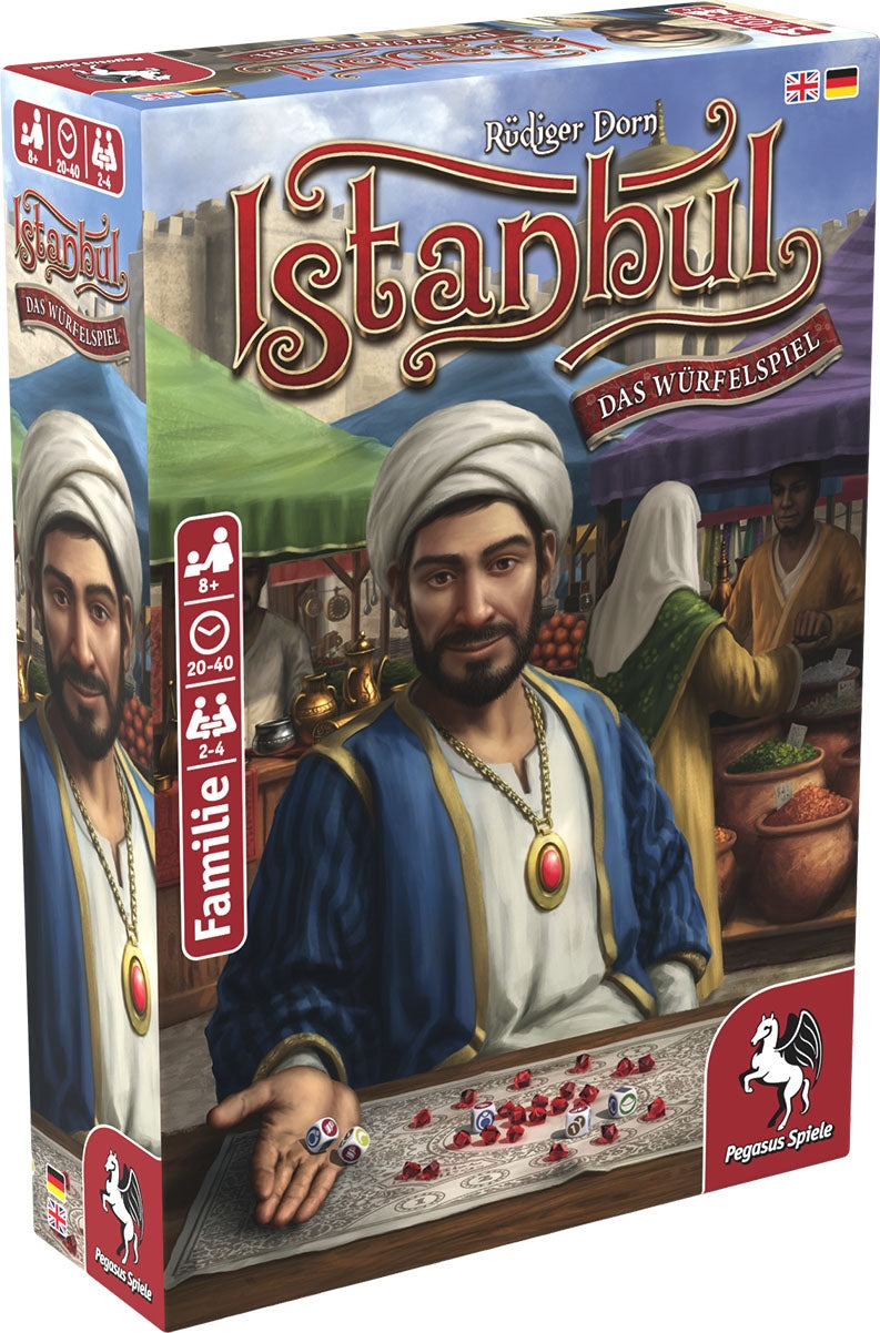 Istanbul: The Dice Game - The Dice Game box featuring an illustrated man in traditional Middle Eastern attire holding red and white dice, with a.