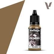 Vallejo Primer: German Green Brown (18ml) - Small plastic bottle of Vallejo primer paint in German Green Brown, with black twist cap and label featuring text and.