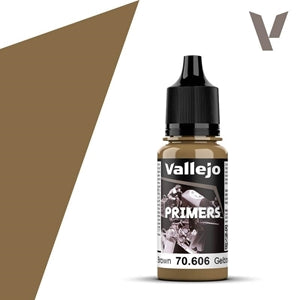 Vallejo Primer: German Green Brown (18ml) - Small plastic bottle of Vallejo primer paint in German Green Brown, with black twist cap and label featuring text and.