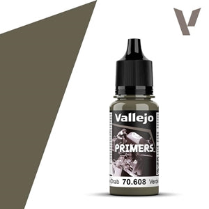 Vallejo Primer: US Olive Drab (18ml) - 18ml opaque plastic bottle of Vallejo primer paint in US olive drab green with black twist cap.