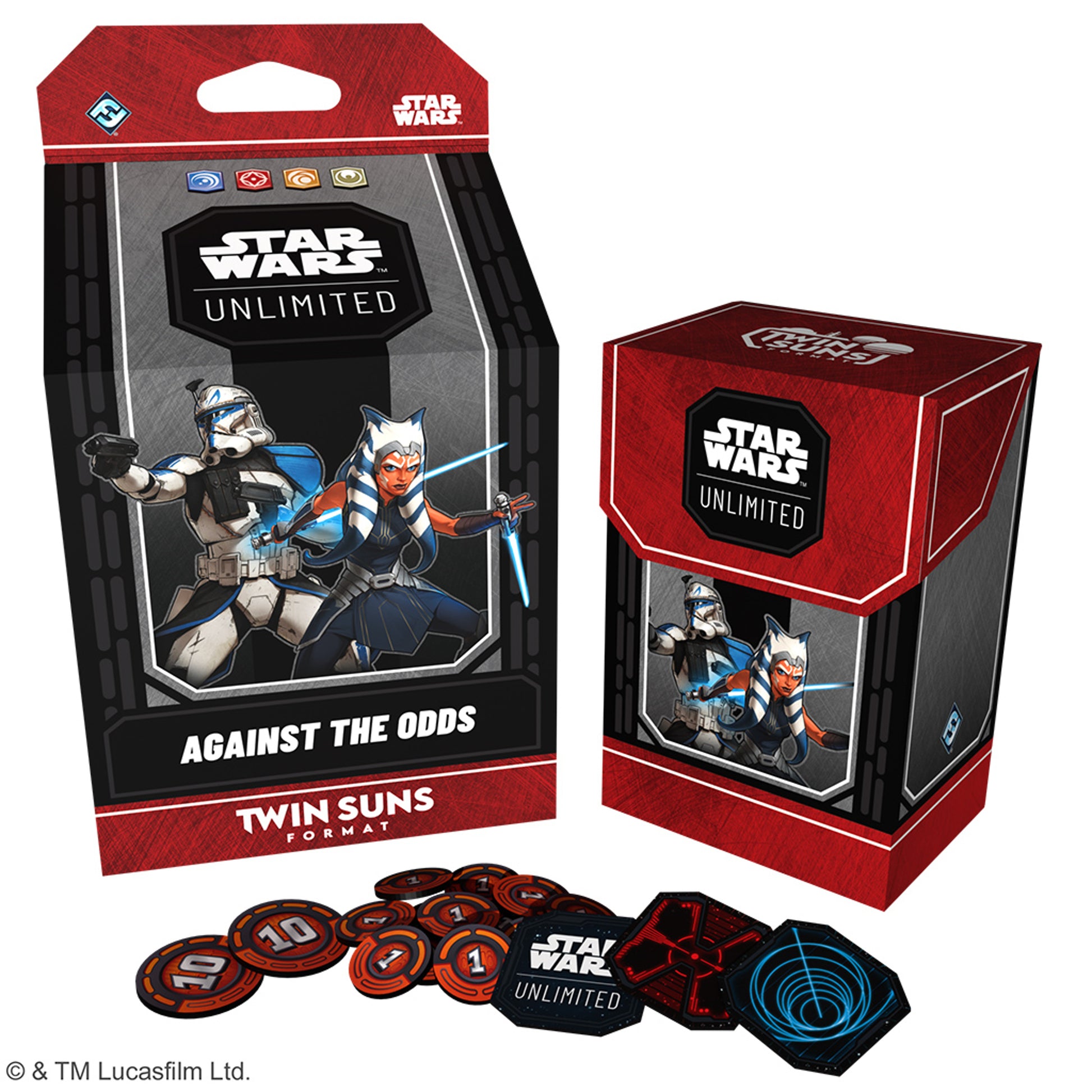 Against the Odds: Ahsoka Tano and Rex Twin Suns Deck - Star Wars Unlimited Against the Odds Twin Suns Deck featuring Ahsoka Tano and Rex with red and black packaging, character.