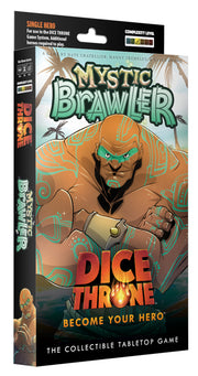 Dice Throne - Hero Pack - Mystic Brawler - Boxed tabletop game pack featuring a muscular, tattooed mystic warrior with glowing blue eyes on the front.