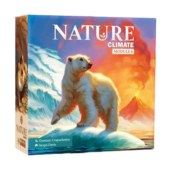 Nature: Module 6: Climate (PREORDER) - Board game box with a polar bear standing on ice, volcanic eruption and snowy mountains in the background, titled Nature.