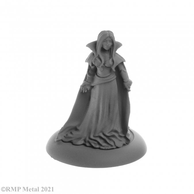 Adrasteia Winterthorn, Vampiress - Unpainted gray resin miniature of a female fantasy vampire in a flowing gown with high collar and hood.