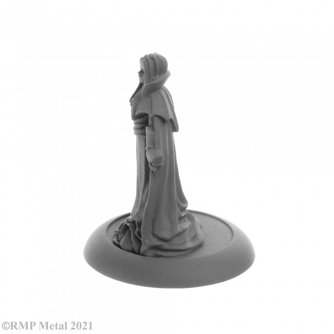 Adrasteia Winterthorn, Vampiress - Gray unpainted miniature of a cloaked vampiress standing on a round base.