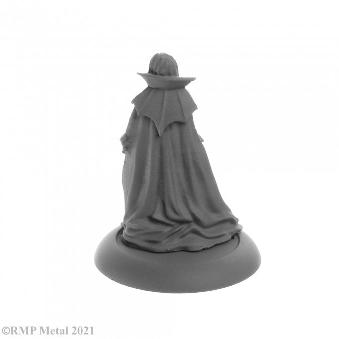 Adrasteia Winterthorn, Vampiress - Gray resin miniature of a cloaked vampiress with high collar and flowing layered cape on round base.