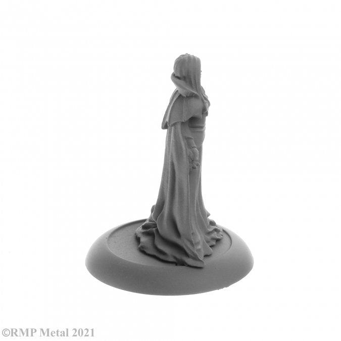 Adrasteia Winterthorn, Vampiress - Unpainted gray resin fantasy miniature of a cloaked female figure with long hair standing on a round base.