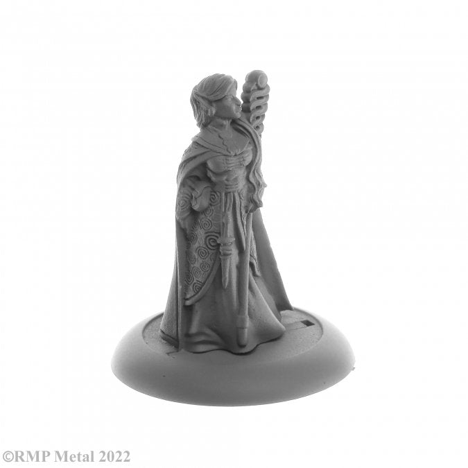 Dark Heaven Legends: Elf Wizard, Anthanelle - Unpainted metal miniature of an elf wizard holding a staff, with flowing robes and intricate armor details on a round base.