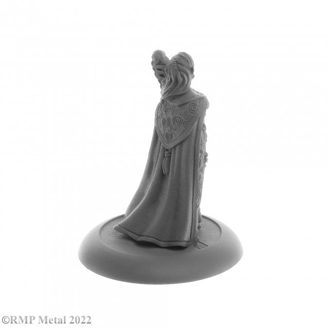 Dark Heaven Legends: Elf Wizard, Anthanelle - Unpainted gray resin miniature of an elf wizard with ornate horned headpiece and a long flowing cloak embossed with.