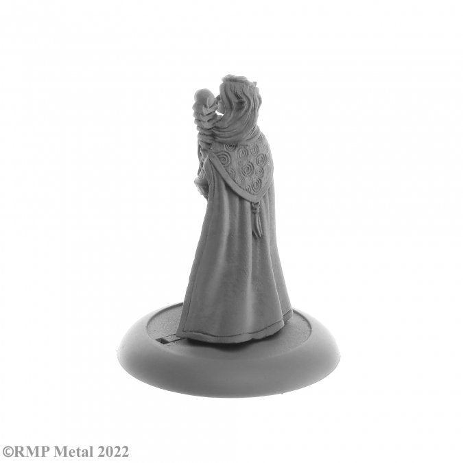 Dark Heaven Legends: Elf Wizard, Anthanelle - Gray unpainted metal miniature of a robed elf wizard holding a staff, standing on a round base.
