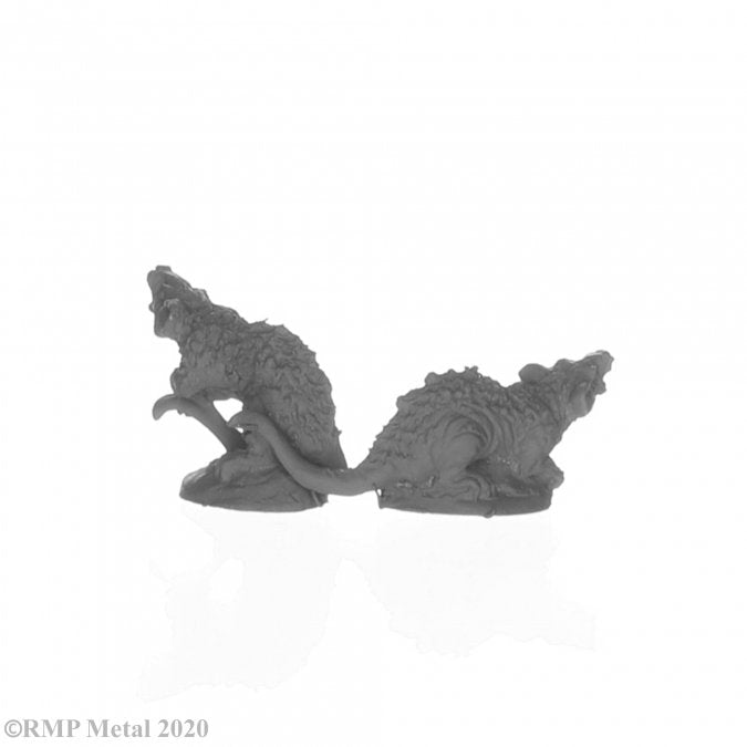 Dark Heaven Legends: Giant Tomb Rats (2) - Two unpainted metal fantasy miniatures of giant rats with detailed fur and menacing postures on round bases.