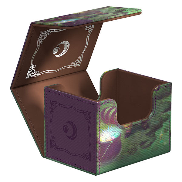 Ultimate Guard Sidewinder 100+ Xenoskin Deckcase: Lorwyn Eclipsed - Glister Bairn - Brown and purple box with intricate silver detailing, green marbled accents, and a side cutout for easy card access.