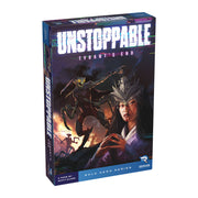 Unstoppable: Tyrant’s End (PREORDER) - Board game box with dark fantasy artwork featuring a warrior queen in silver armor and a shadowy monster behind her under a.