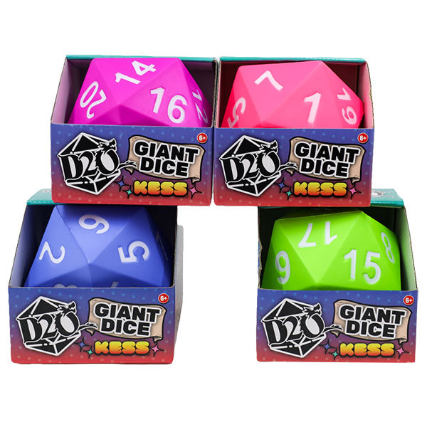 Giant D20 Foam Dice - Periwinkle (PREORDER) - Four giant foam D20 dice in bright pink, coral, blue, and lime green with white numbers, each in a branded box labeled.