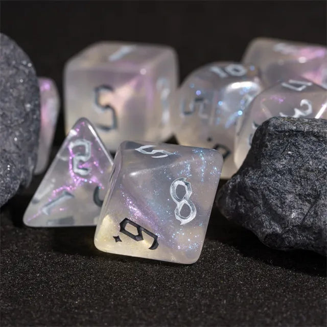 Hoarfrost Dice Set - Translucent polyhedral dice set with iridescent hoarfrost effect and white numbering.
