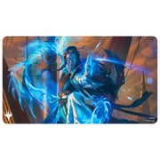 MTG Playmat - Tarkir: Dragonstorm - Narset, Jeskai Waymaster - Rectangular gaming playmat featuring a fantasy character wielding blue magical energy with dynamic orange and blue.