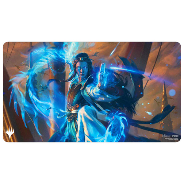 MTG Playmat - Tarkir: Dragonstorm - Narset, Jeskai Waymaster - Rectangular gaming playmat featuring a fantasy character wielding blue magical energy with dynamic orange and blue.