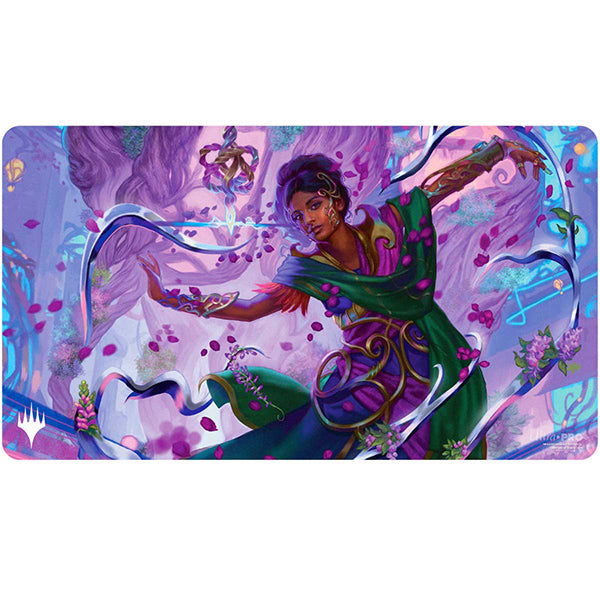 Playmat: MTG- Aetherdrift- Avishkar Living Energy - Rectangular playmat featuring vibrant fantasy artwork of a woman in green and purple robes casting glowing blue magical.