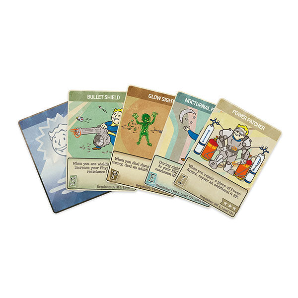 Fallout RPG: Perk Cards 2 (PREORDER) - Set of five Fallout RPG perk cards with colorful illustrations and vintage comic-style art on rectangular cardstock.