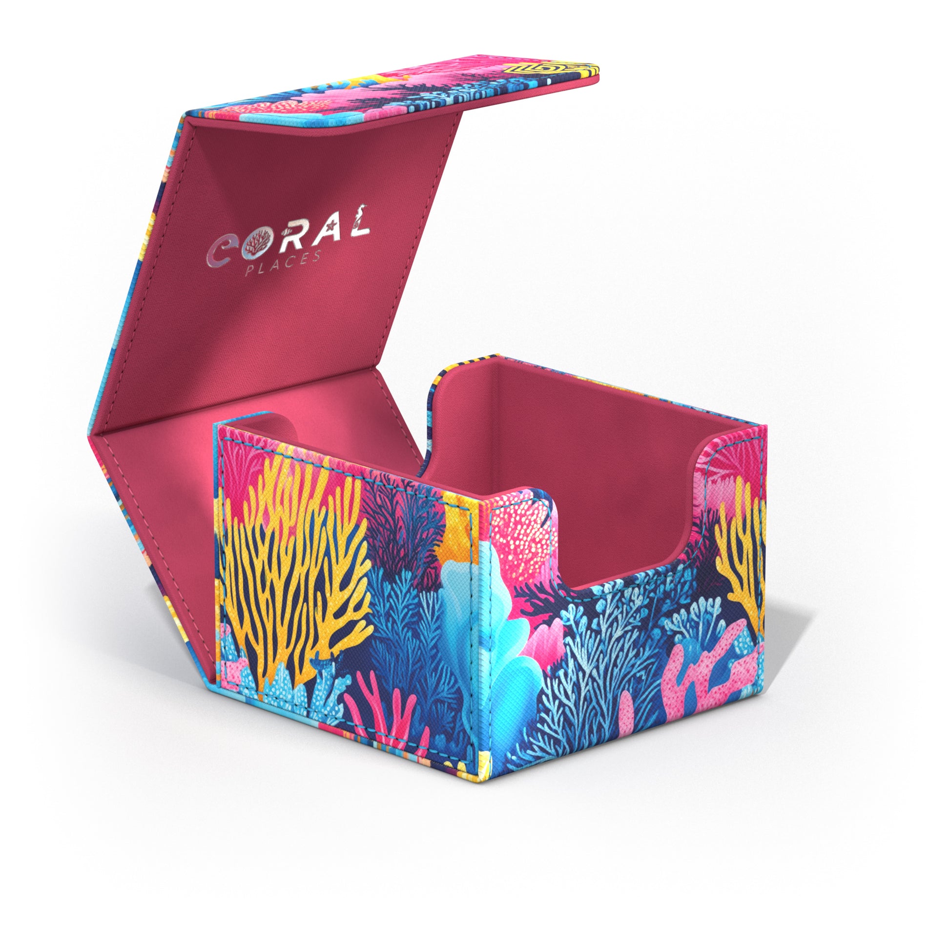Ultimate Guard: Sidewinder 100+ Standard Coral Places- Coral Garden - Colorful rectangular card storage box with vibrant coral reef design and maroon interior labeled "CORAL".