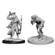 D&D Nolzur's Marvelous Miniatures: Wererat & Weretiger - Two unpainted gray plastic miniatures on round bases, one a standing wererat with a cloak and bow, the other a crouching.