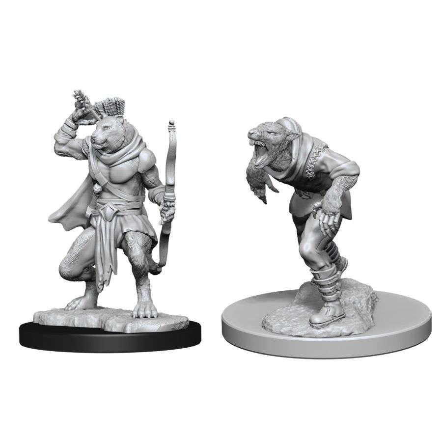D&D Nolzur's Marvelous Miniatures: Wererat & Weretiger - Two unpainted gray plastic miniatures on round bases, one a standing wererat with a cloak and bow, the other a crouching.