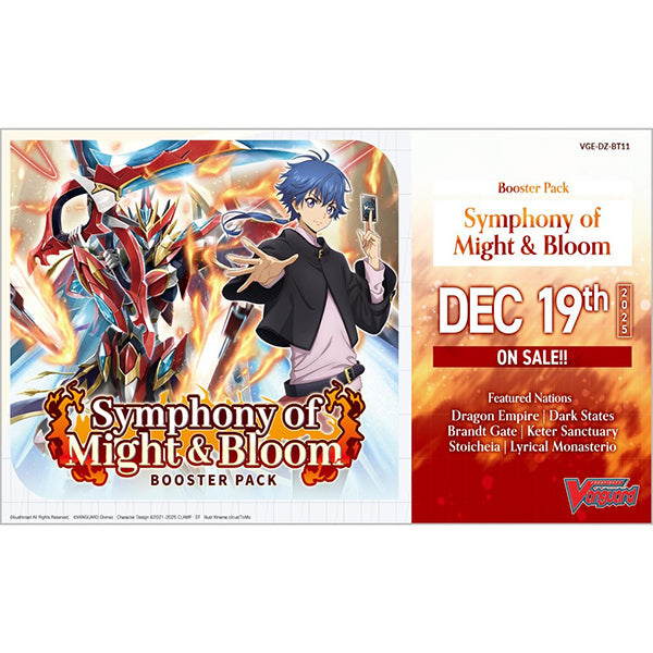 Cardfight Vanguard - Symphony of Might & Bloom Booster Display - Colorful booster pack display with dynamic red and gold armored figure and a blue-haired anime character, text highlighting.