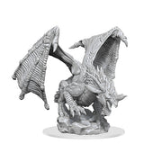 D&D Nolzur’s Marvelous Unpainted: Young Blue Dragon - Unpainted detailed gray resin miniature of a young dragon with outstretched wings and spiked tail on rocky base.