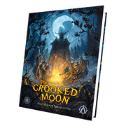 The Crooked Moon RPG: 5e Campaign Setting - Dark fantasy book cover with a glowing full moon over a crooked tower surrounded by twisted trees and eerie figures.