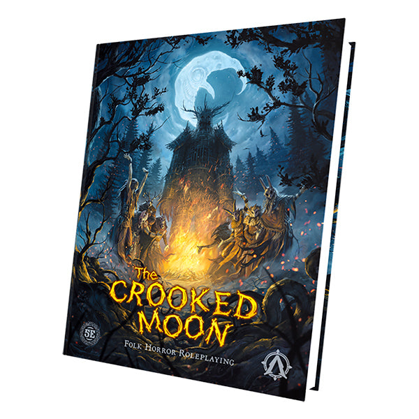 The Crooked Moon RPG: 5e Campaign Setting - Dark fantasy book cover with a glowing full moon over a crooked tower surrounded by twisted trees and eerie figures.