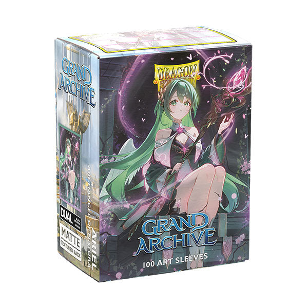 Dragon Shield Dual Matte Art Sleeves: Grand Archive - Ariel, Archangel of Natura (PREORDER) - Box of Dragon Shield Dual Matte Art Card Sleeves featuring green-haired angel character with magical purple and pink energy.