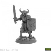 Rictus the Undying - Gray unpainted fantasy warrior miniature with horned skull helmet, large sword, and round shield.