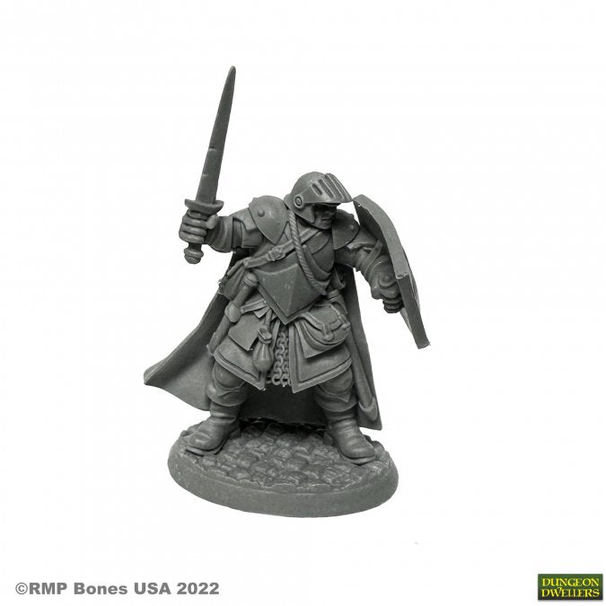 Baran Blacktree, Veteran Warrior - Black armored warrior mini with sword raised and round shield, standing on textured base.