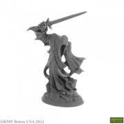 Cairn Wraith - Gray resin miniature of a cloaked wraith wielding a raised sword with a bird-like mask.