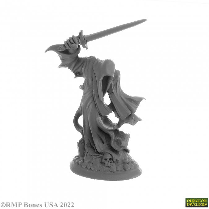 Cairn Wraith - Gray resin miniature of a cloaked wraith wielding a raised sword with a bird-like mask.