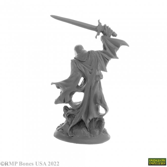 Cairn Wraith - Gray plastic fantasy miniature of a cloaked wraith wielding a raised sword with tattered robes flowing behind.