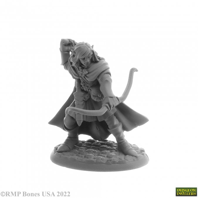 Lanaeral Grayleaf, Elf Ranger - Gray elf ranger miniature with cloak, bow drawn, standing on textured base.