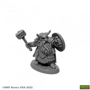 Borin Ironbrow, Dwarf - Dwarf warrior figurine with horned helmet, large beard, hammer raised, and round shield.