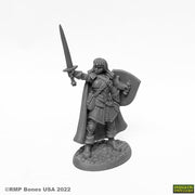 Caerindra Thistlemoor - Gray unpainted fantasy warrior miniature holding sword and shield wearing cloak and armor.
