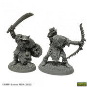 Orcs of the Ragged Wound Warriors (2) - Two unpainted fantasy orc warrior miniatures, one wielding a curved sword, the other holding a jagged bow with detailed.
